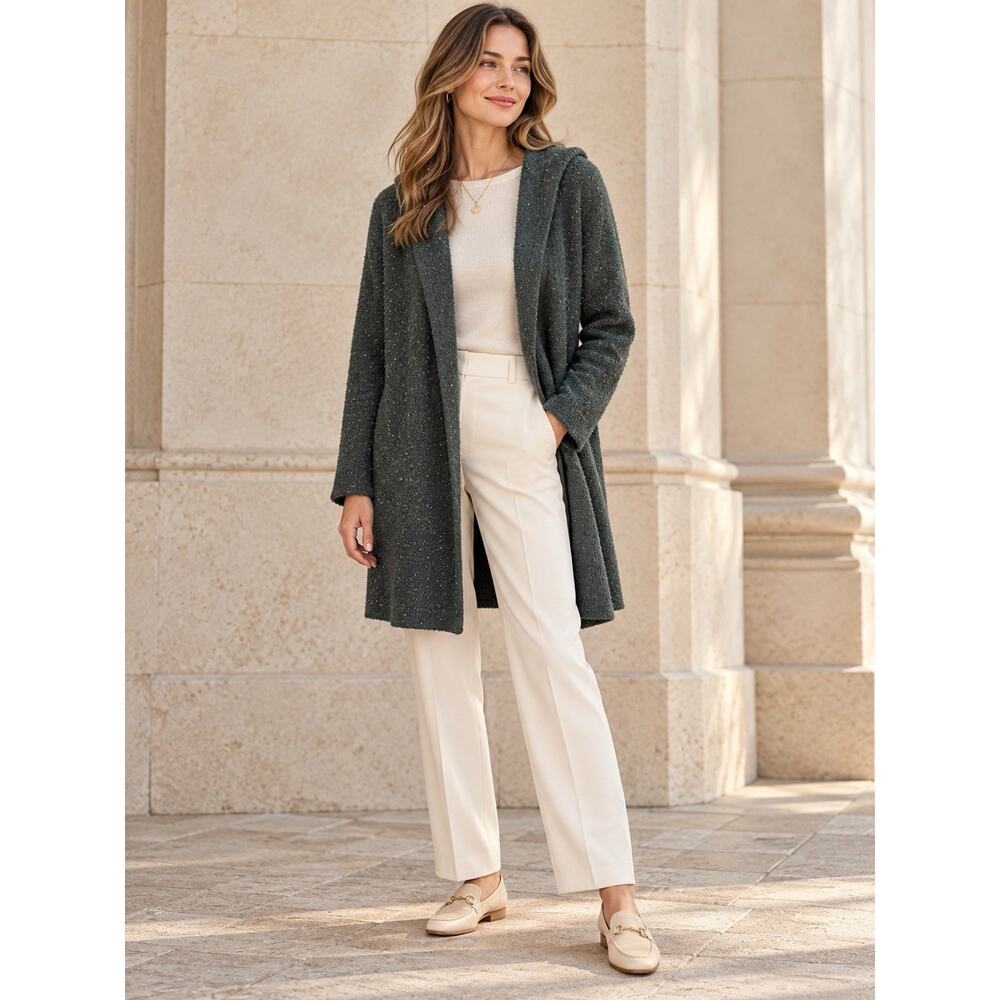 Eileen Fisher Wool Silk Long Cardigan Sz L Open Front Speckled Hooded Minimalist - Picture 10 of 10